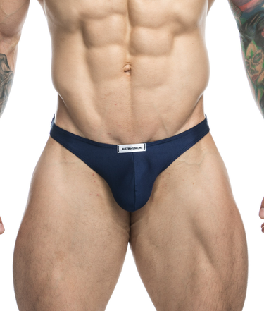Navy men's underwear with brand logo on a white background